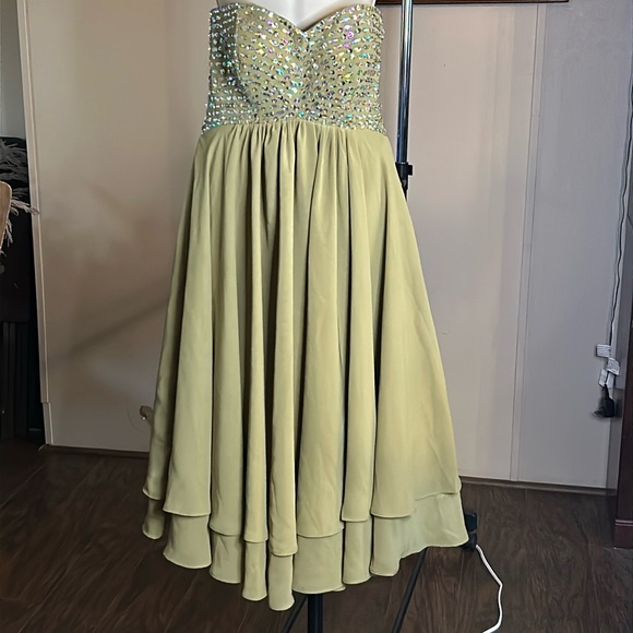 Pretty Ball Gown Strapless Olive Green Long Satin Classy Prom Dress Classy Evening Dress
